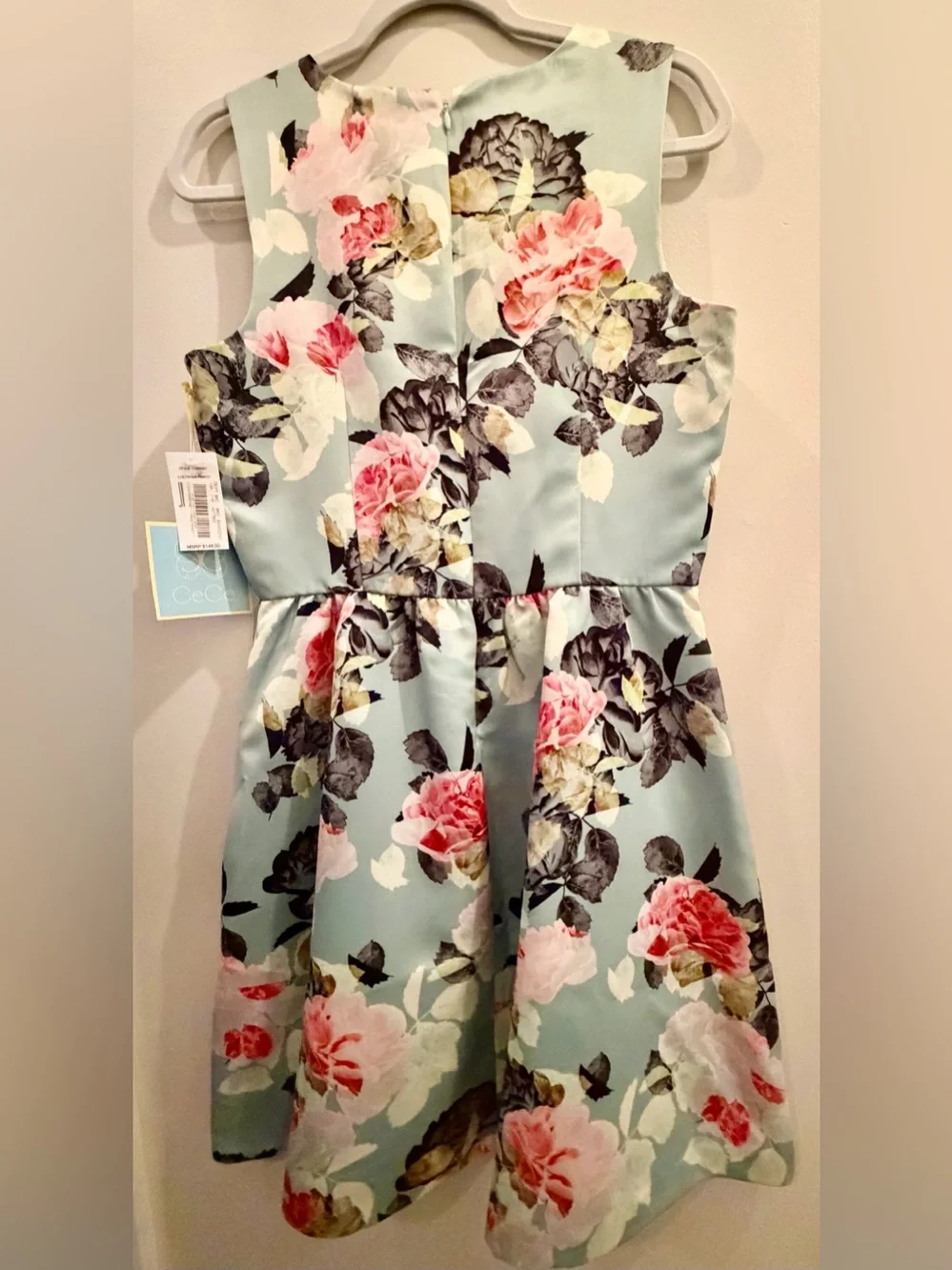 Floral V-Neck Mint Girls Dress with Pink Roses